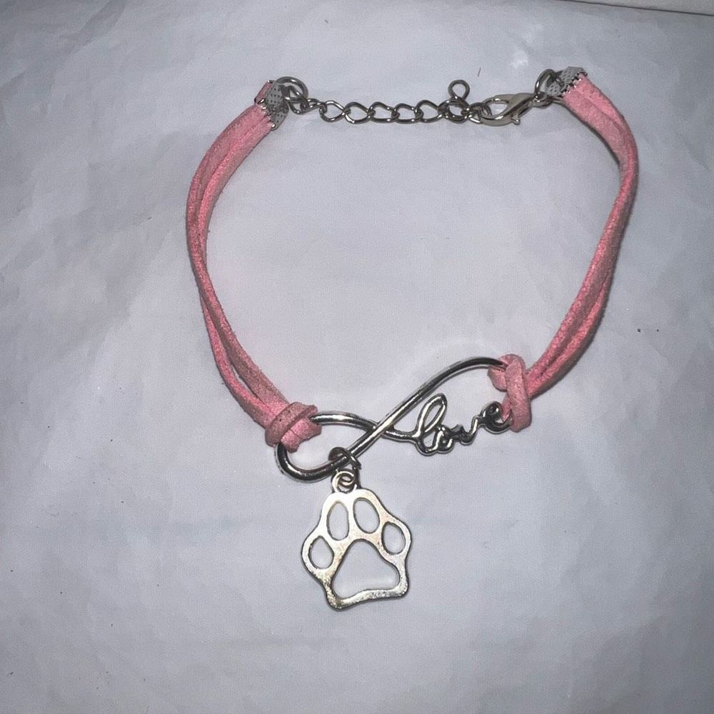 Pink Leather and Silver Tone‎ Infinity Love Paw Charm Bracelet